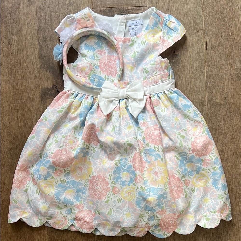 EUC 4T Tahari  Floral Dress with Headband - Pastel Blue, Pink, Yellow